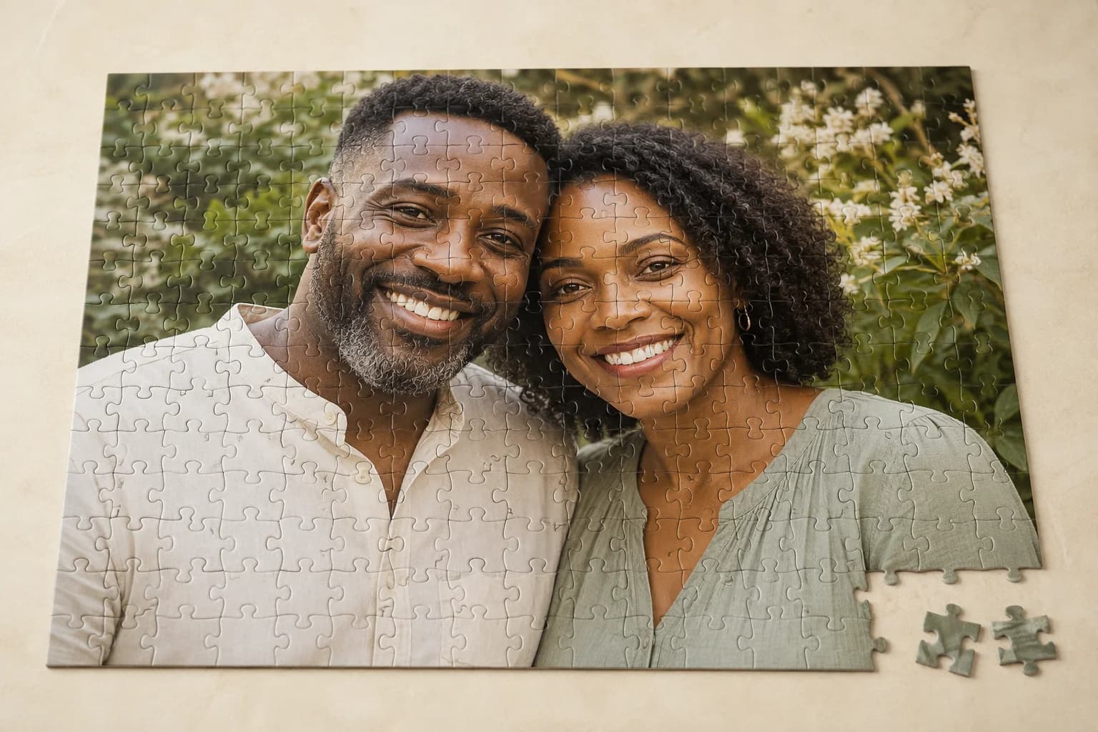 Example photo of a couple printed onto a jigsaw puzzle