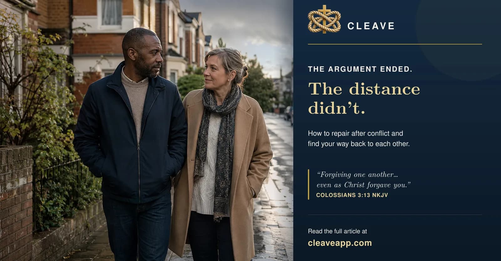 A married couple reconnecting during a quiet walk after a difficult conversation