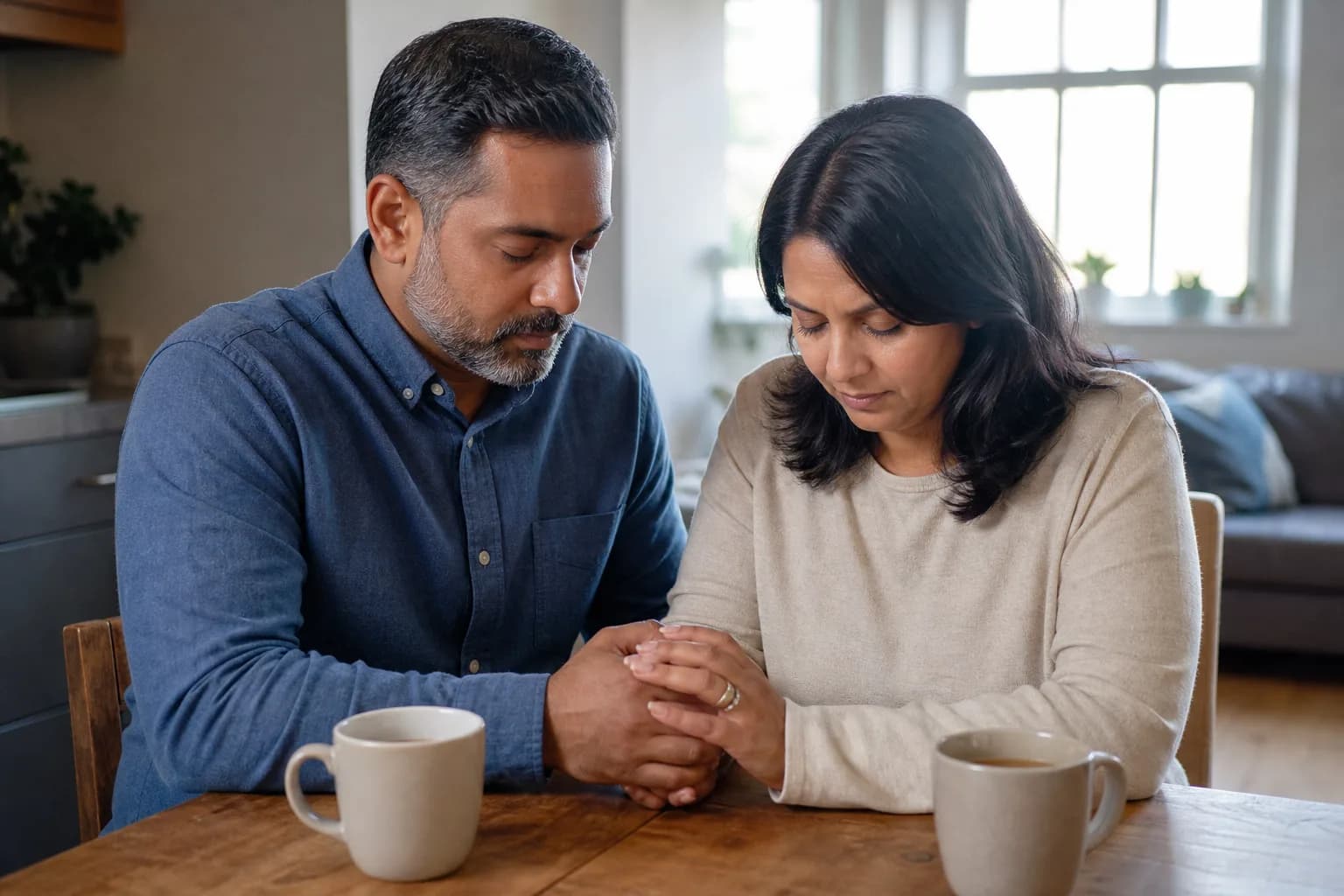 A married couple beginning a quiet prayer together at home